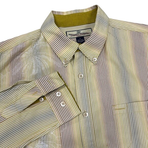 Tommy Bahama Gold 100% Silk Stripe Palm Tree Motif Long Sleeve Shirt Size L - Picture 1 of 13